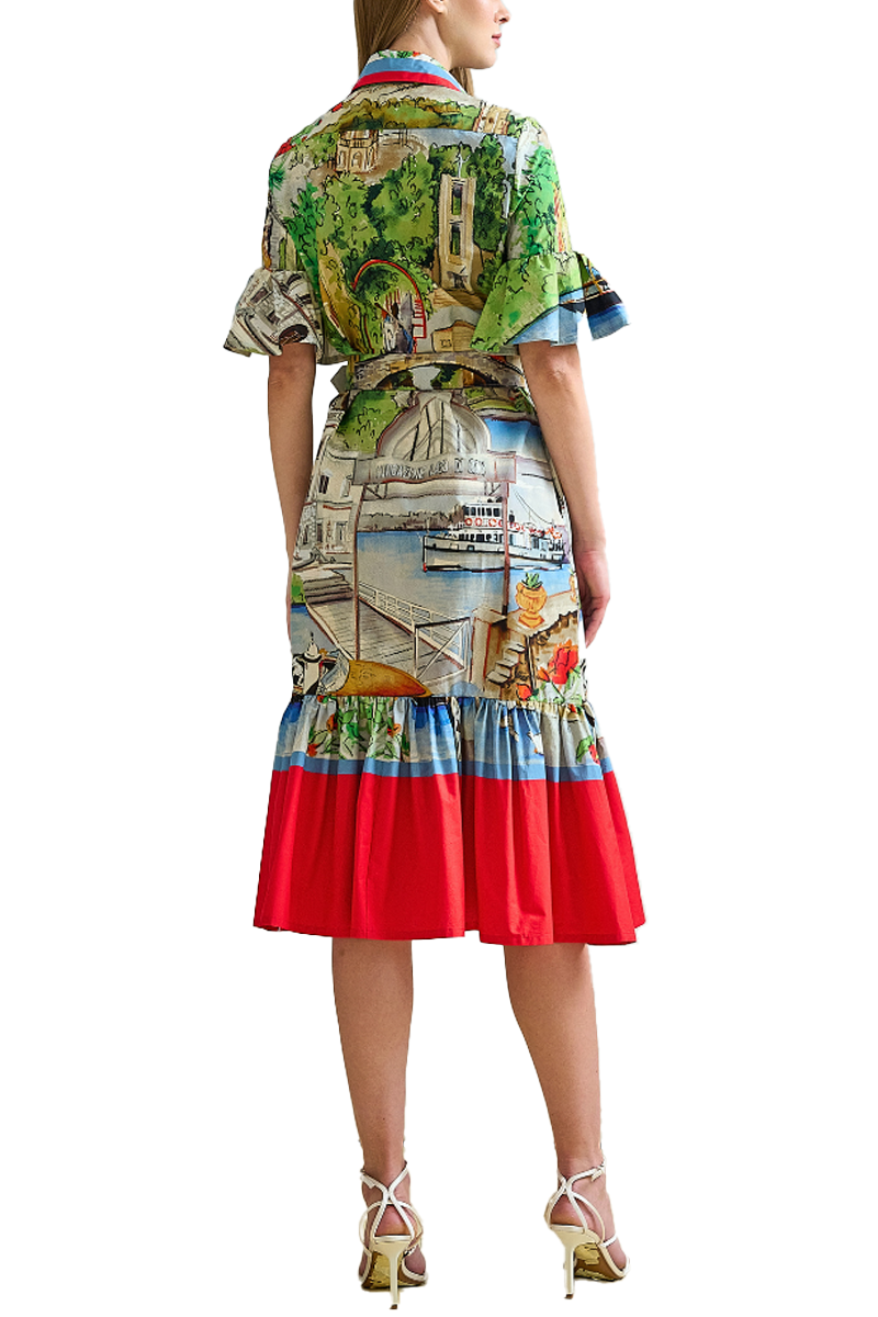 Shirtdress with Ruffles in Printed Lake Como