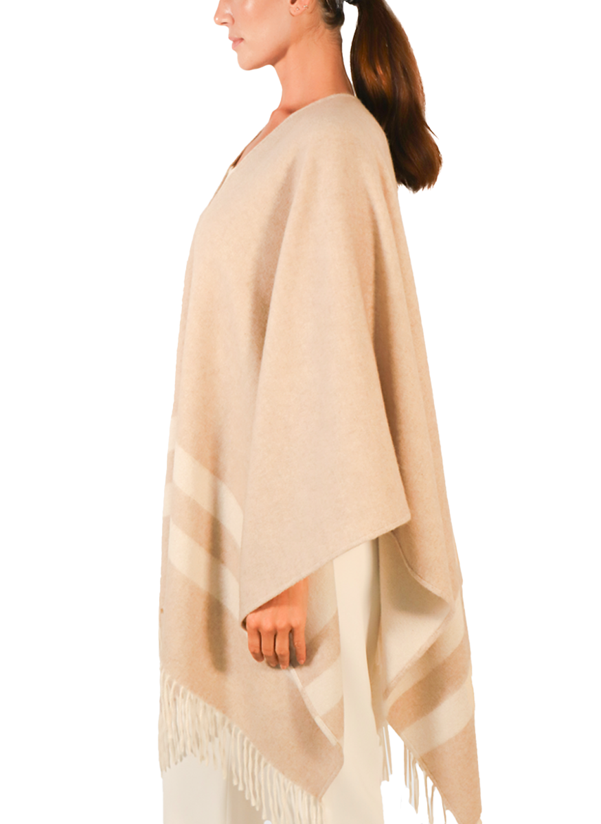 Double Face Fringe Reversible Shawl Cape in Ivory and Beige - Rani Arabella