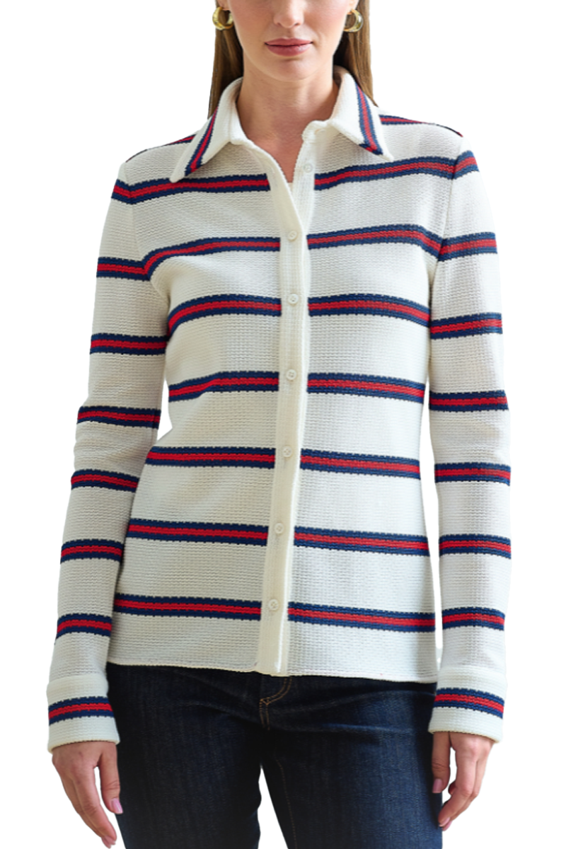 Button Front Shit in Ivory with Navy and Red Stripes