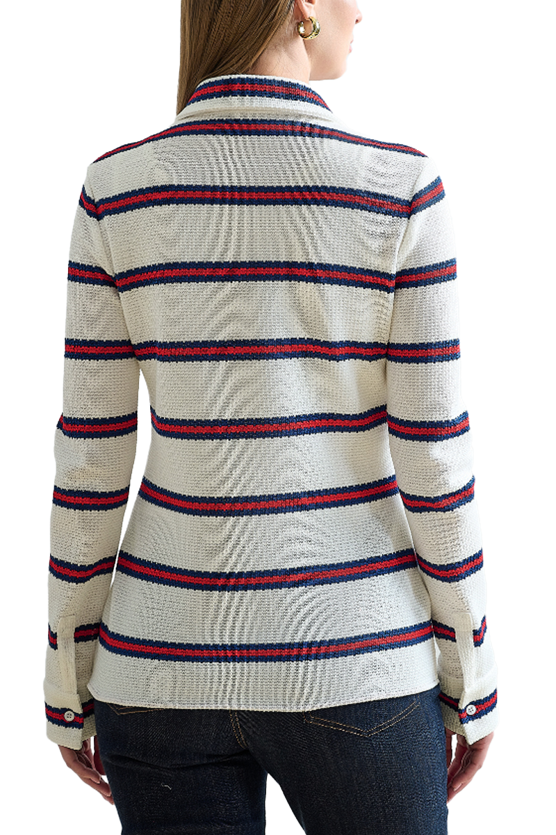 Button Front Shit in Ivory with Navy and Red Stripes