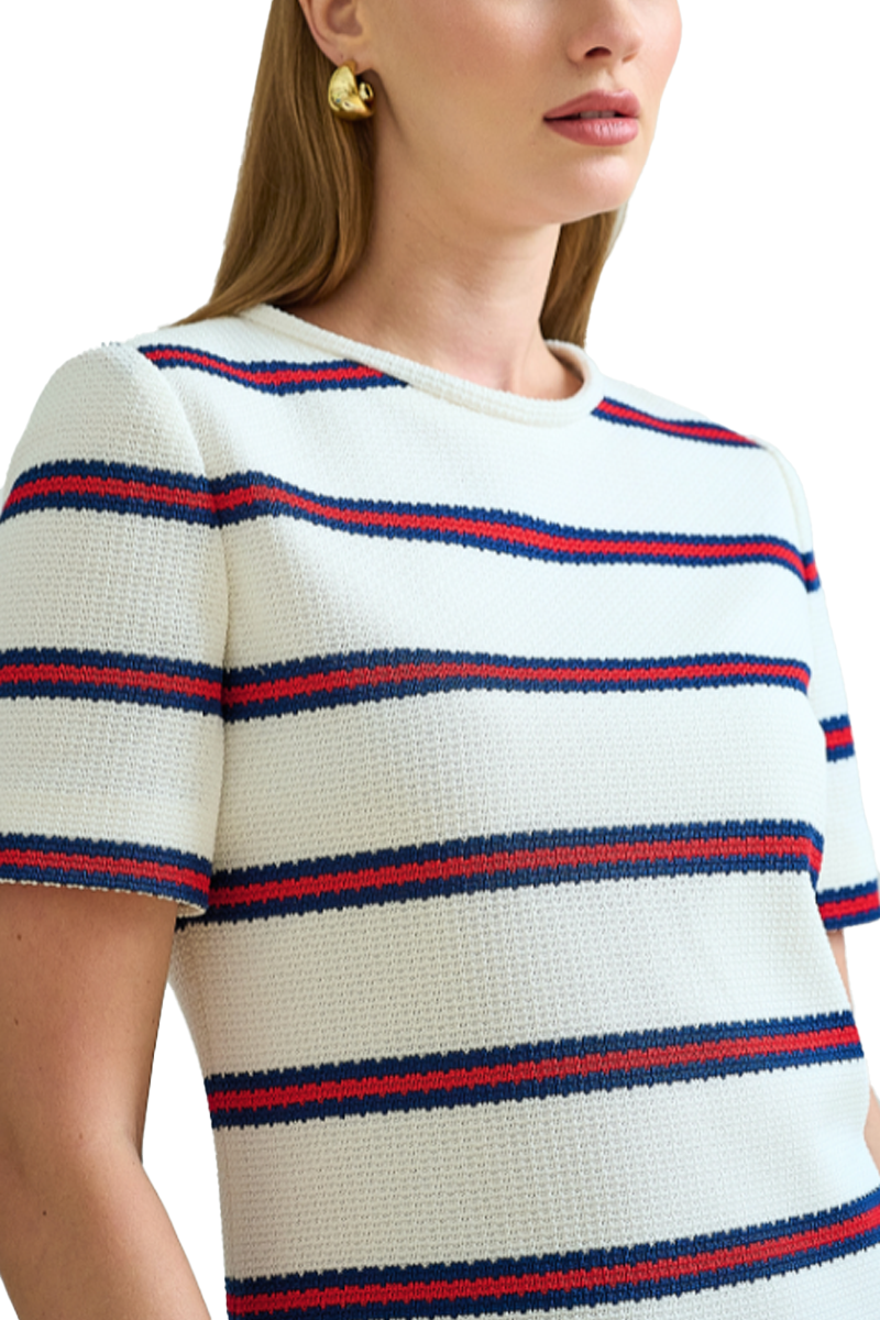 Mini Dress in Ivory with Navy and Red Stripes - Rani Arabella