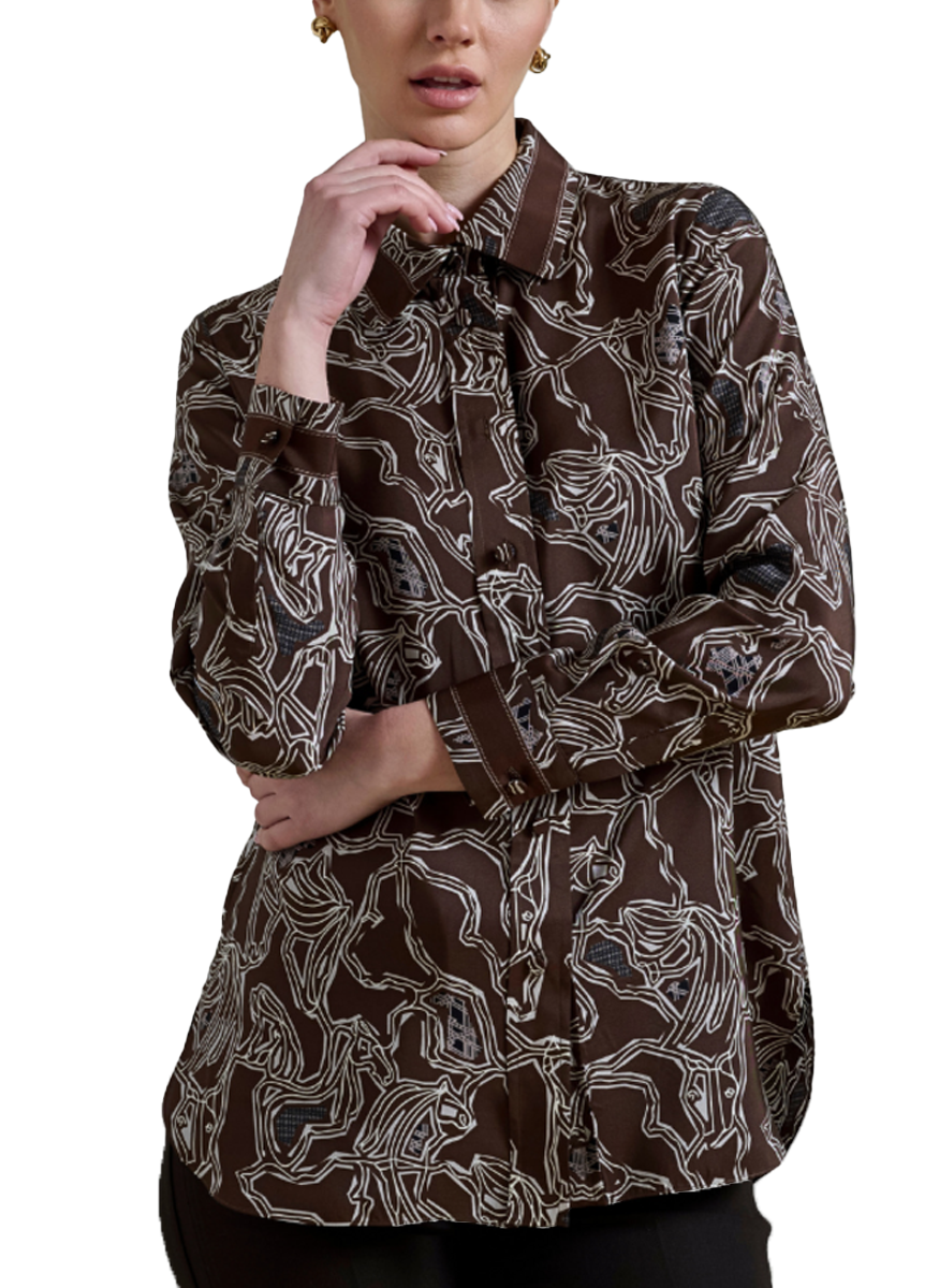 Collared Silk Printed Shirt in Wellington Chocolate