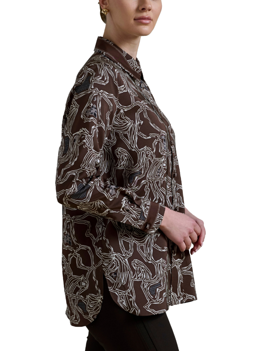 Collared Silk Printed Shirt in Wellington Chocolate - Rani Arabella