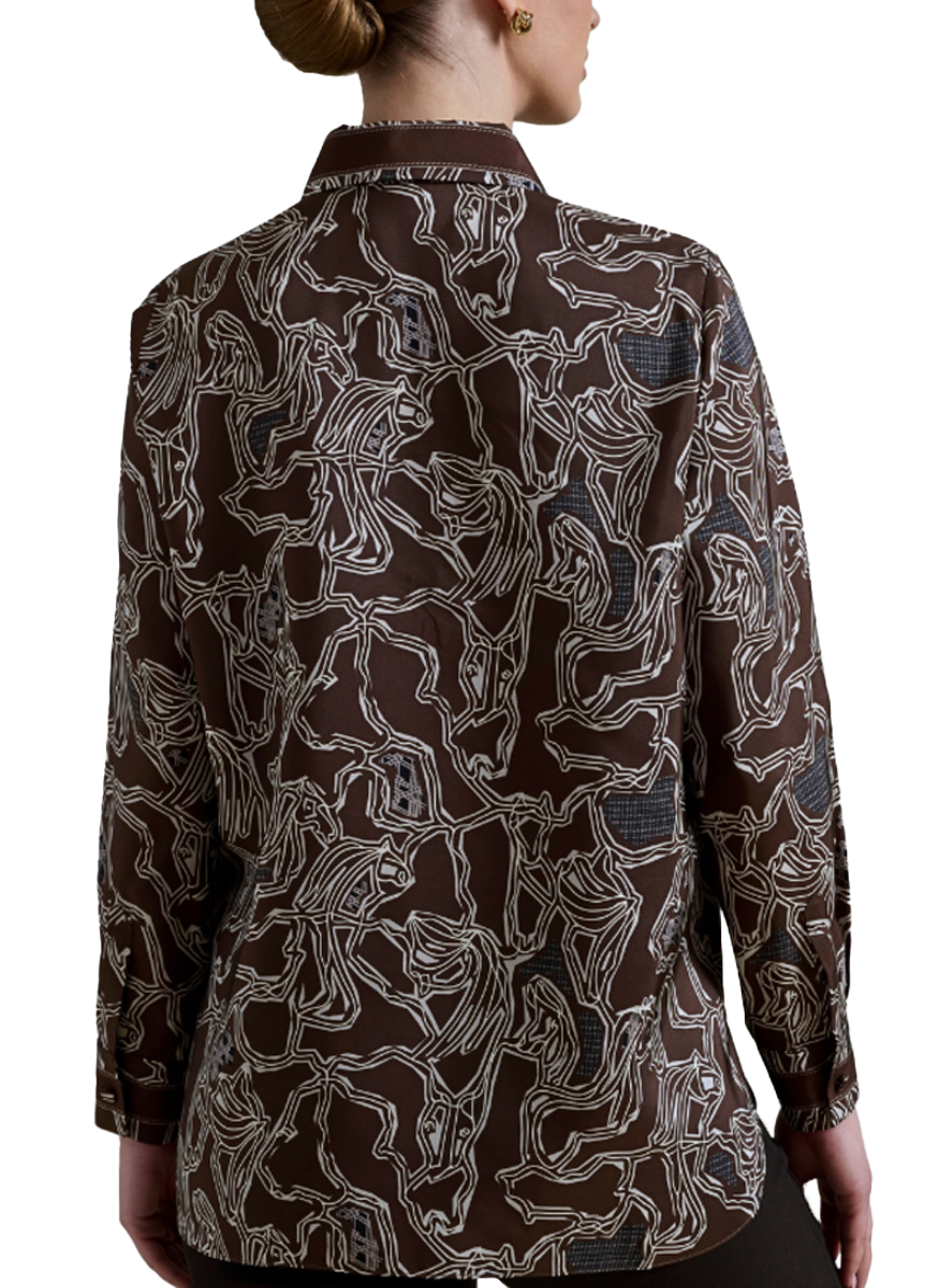 Collared Silk Printed Shirt in Wellington Chocolate - Rani Arabella