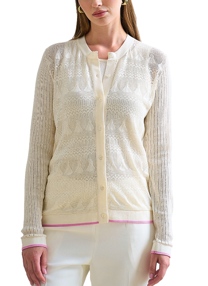 Lace Trim Crewneck Cardigan in Ivory