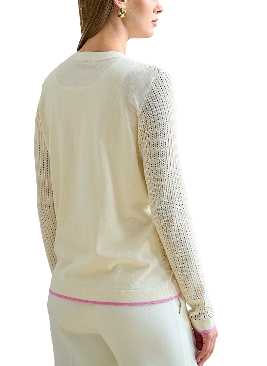 Lace Trim Crewneck Cardigan in Ivory