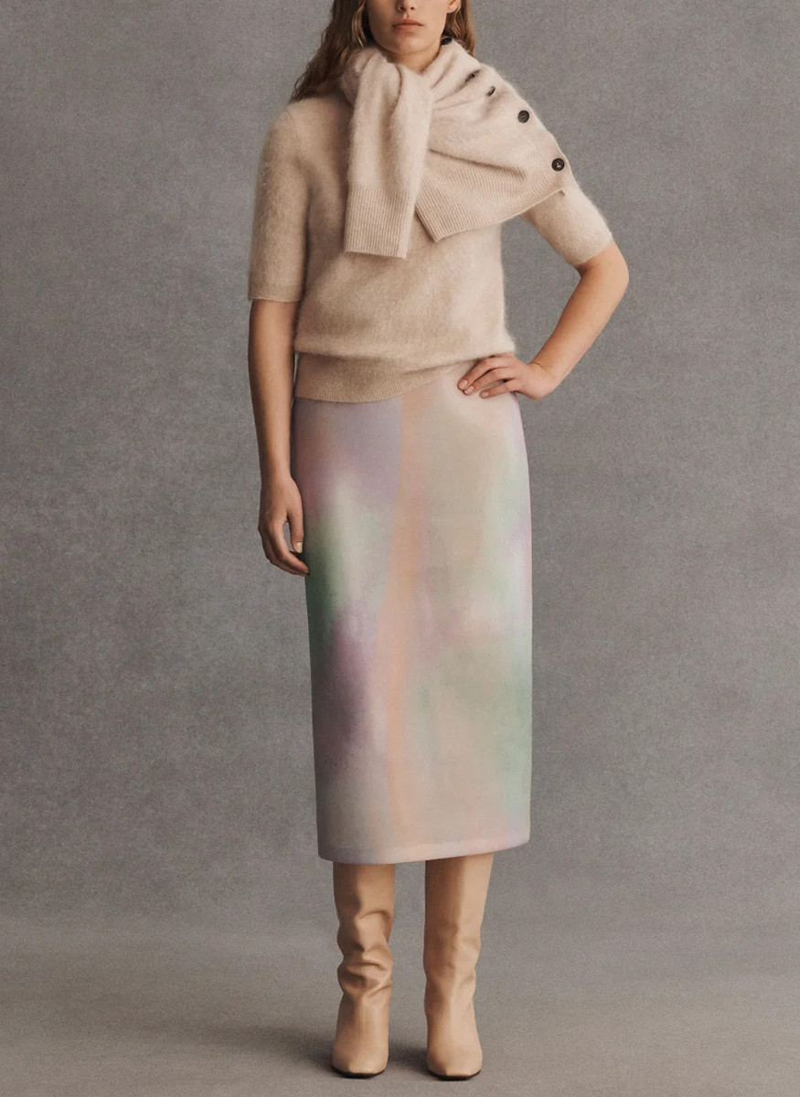 Aurora Print Neoprene Straight Midi Skirt