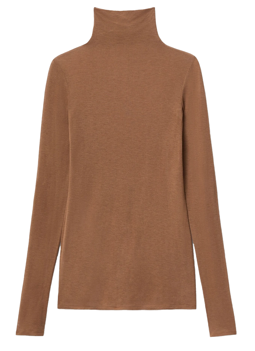 Viscose-Cashmere Jersey Elongated Fitted Turtleneck in Vicuna - Lafayette 148 New York