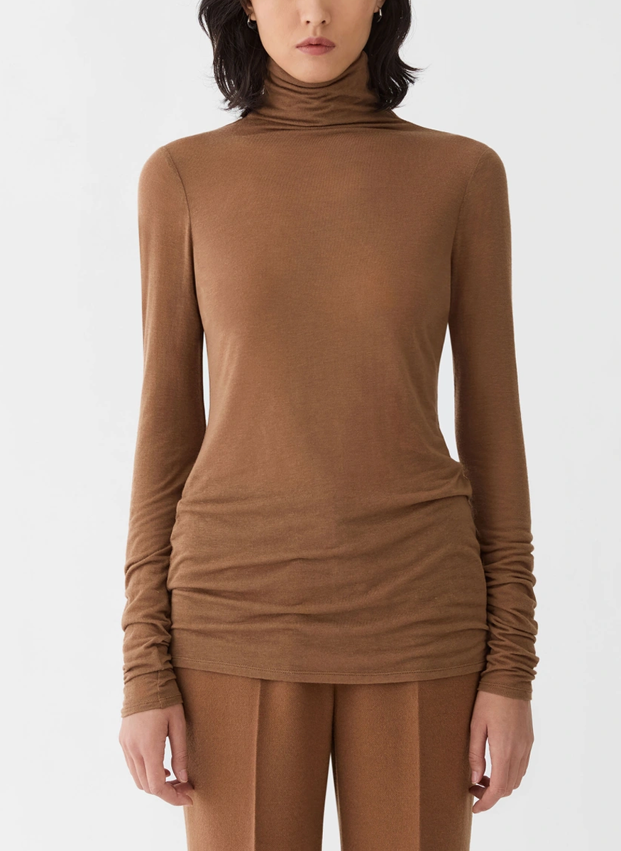 Viscose-Cashmere Jersey Elongated Fitted Turtleneck in Vicuna - Lafayette 148 New York