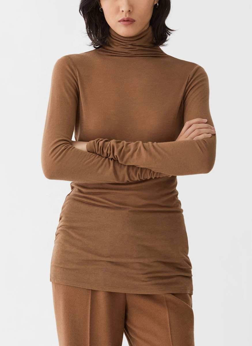 Viscose-Cashmere Jersey Elongated Fitted Turtleneck in Vicuna - Lafayette 148 New York