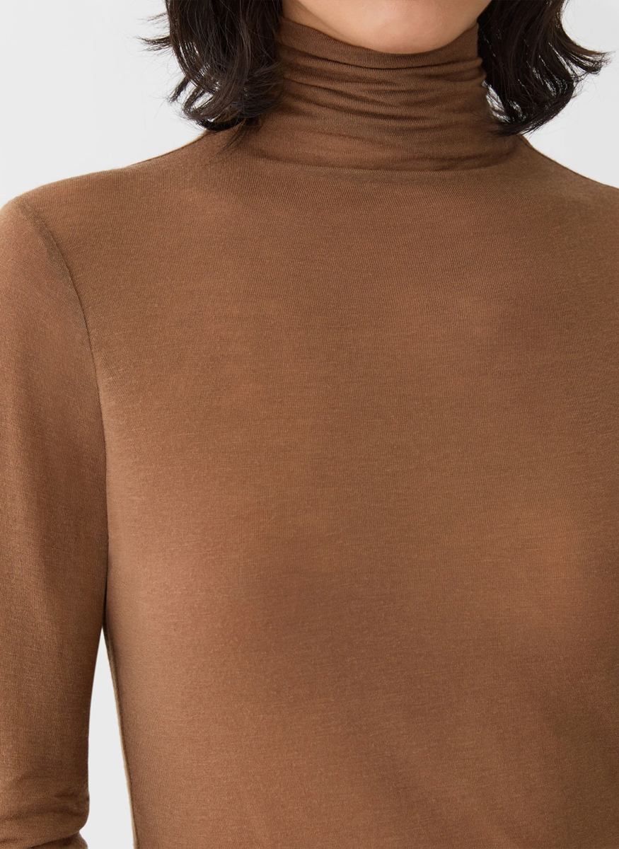 Viscose-Cashmere Jersey Elongated Fitted Turtleneck in Vicuna - Lafayette 148 New York