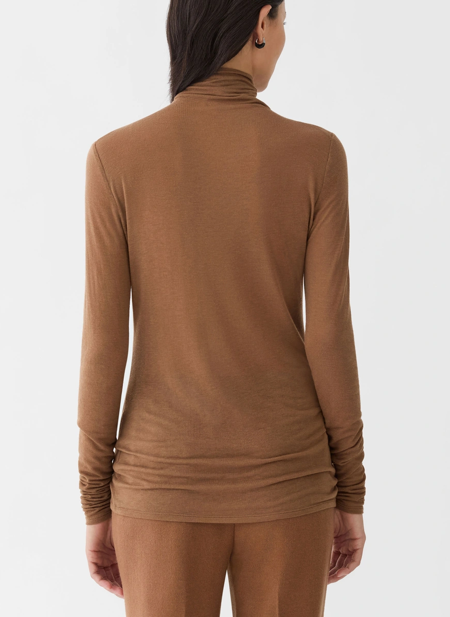 Viscose-Cashmere Jersey Elongated Fitted Turtleneck in Vicuna - Lafayette 148 New York