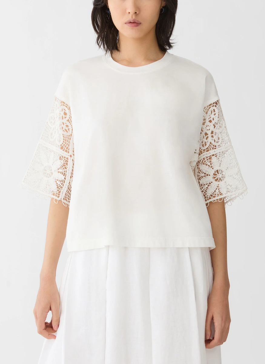 Cotton Jersey & Embroidered Lace Top - Lafayette 148 New York