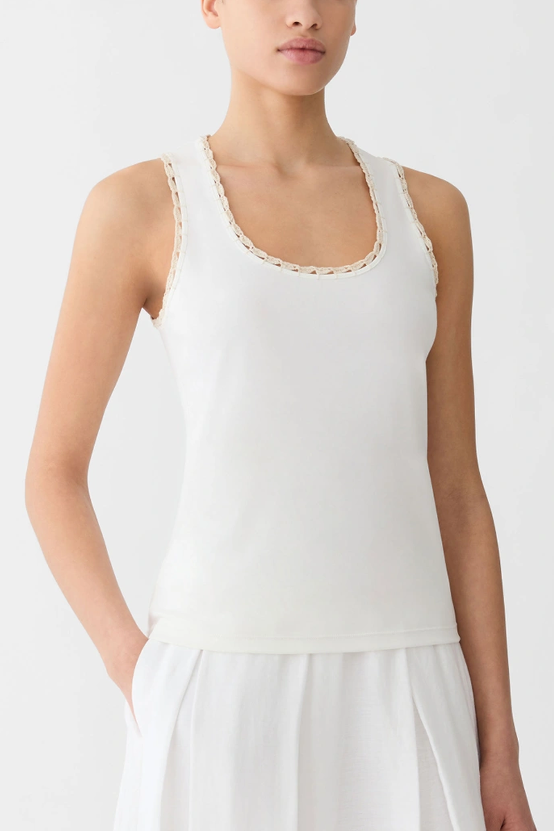 Cotton Rib Crochet Trim Tank - Lafayette 148 New York