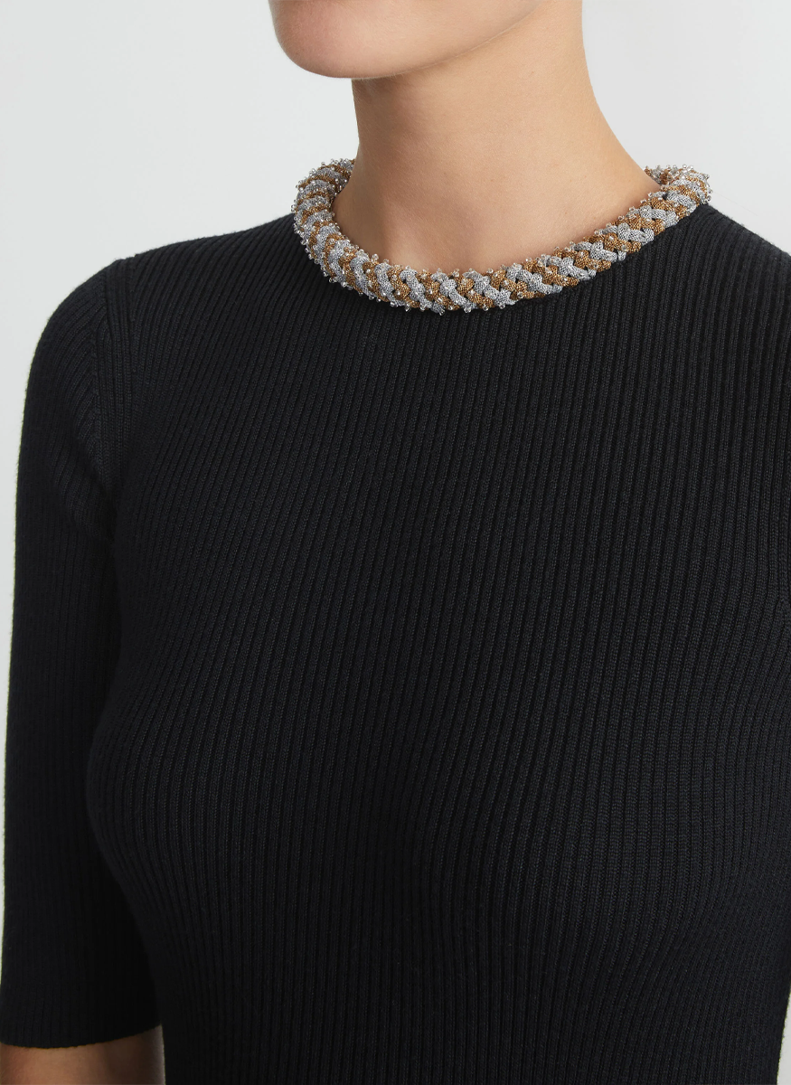 Merino Wool-Silk Metallic Baroque Collar Sweater - Lafayette 148 New York