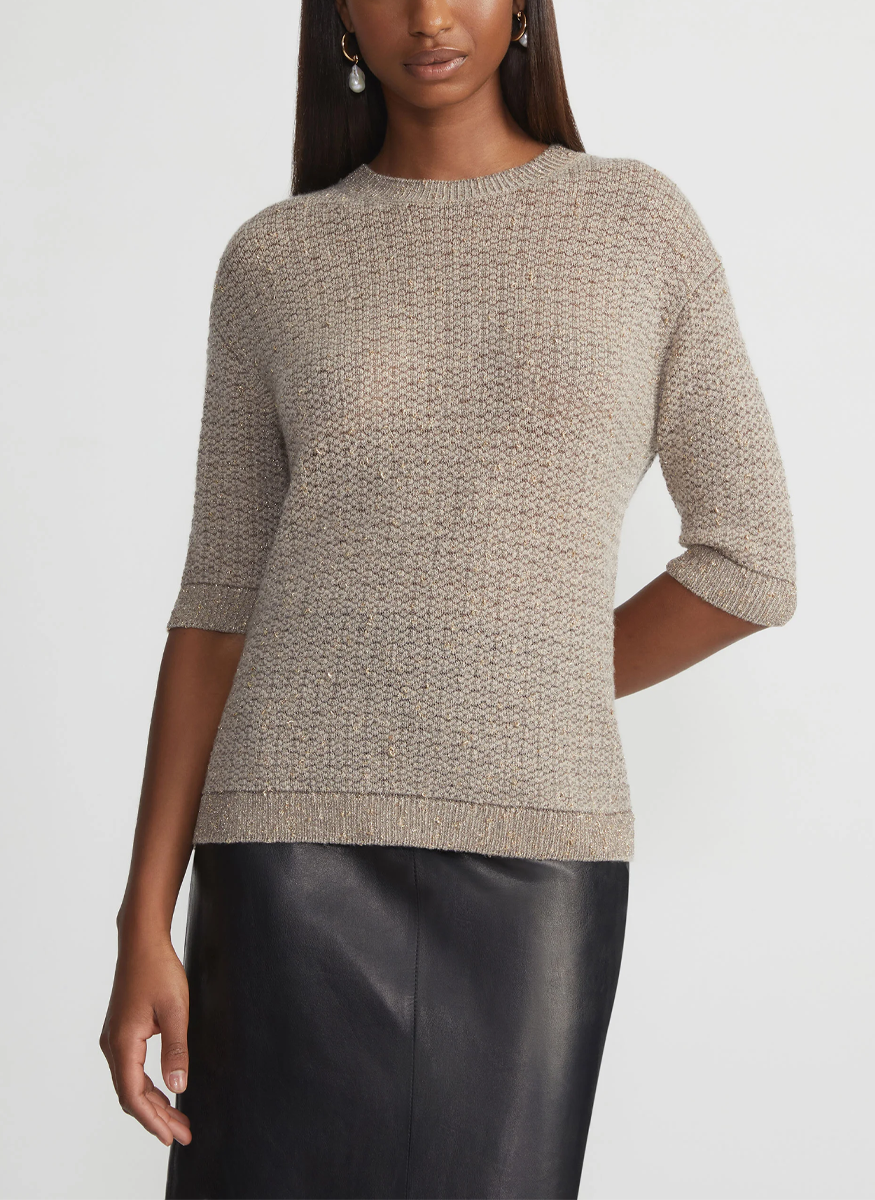 Metallic Flecked Lace Stitch Crewneck Sweater - Lafayette 148 New York