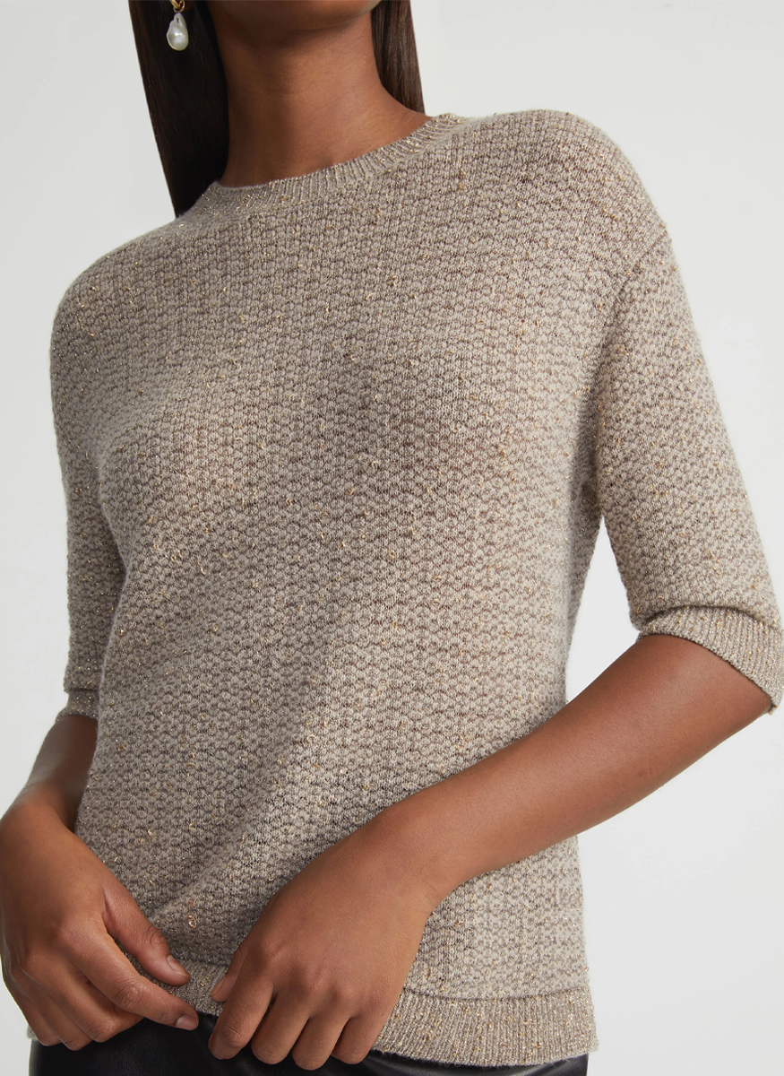 Metallic Flecked Lace Stitch Crewneck Sweater - Lafayette 148 New York