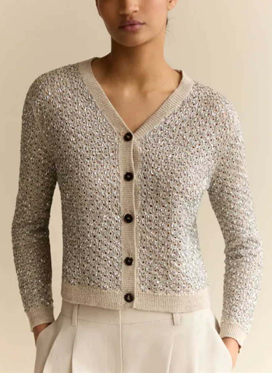 Metallic Linen-Silk Pointelle Cardigan - Lafayette 148 New York