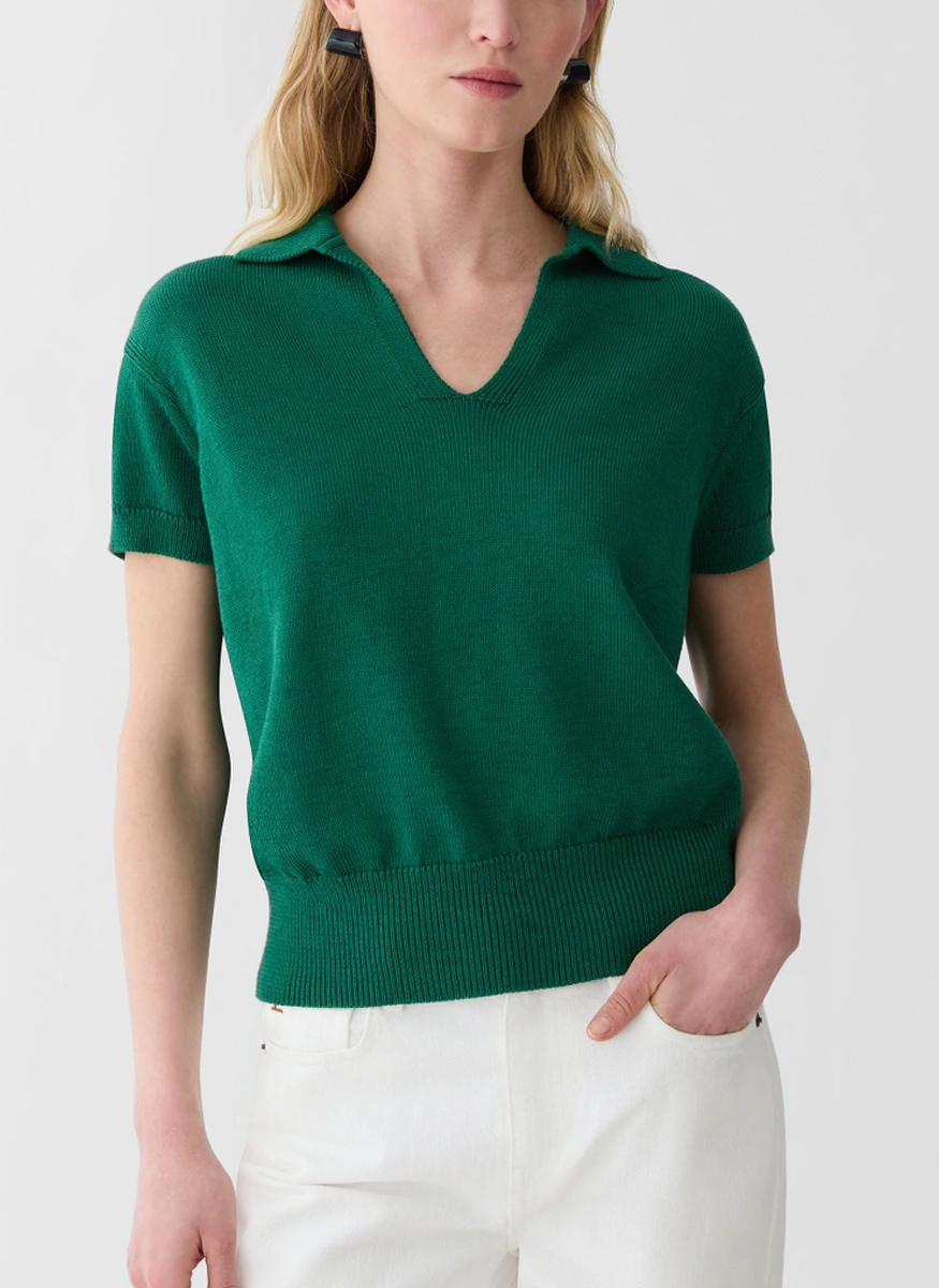 Cotton-Silk Short Sleeve Polo Sweater in Grass - Lafayette 148 New York