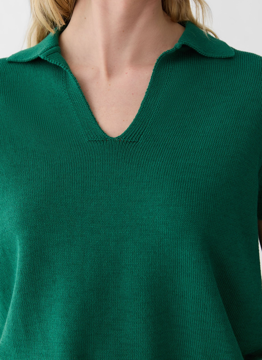 Cotton-Silk Short Sleeve Polo Sweater in Grass - Lafayette 148 New York