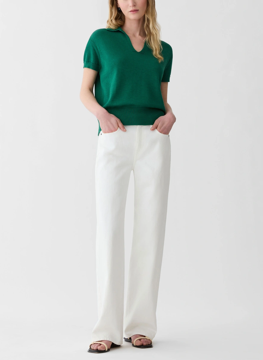 Cotton-Silk Short Sleeve Polo Sweater in Grass - Lafayette 148 New York