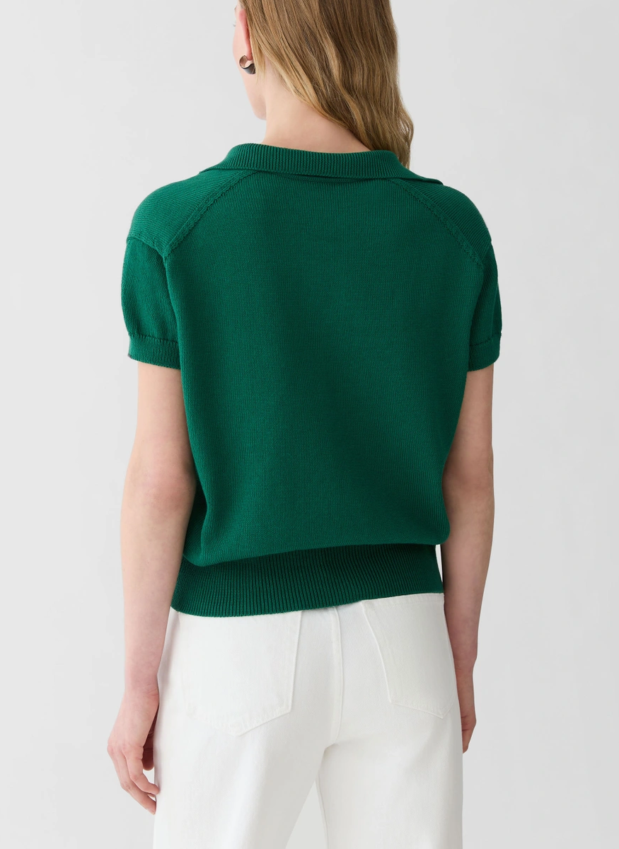 Cotton-Silk Short Sleeve Polo Sweater in Grass - Lafayette 148 New York