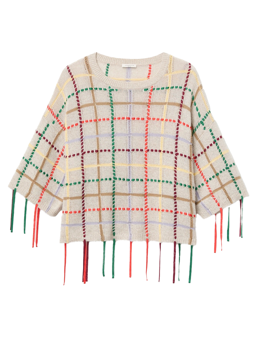 Cashmere Grid Hand Fringed Sweater - Lafayette 148 New York