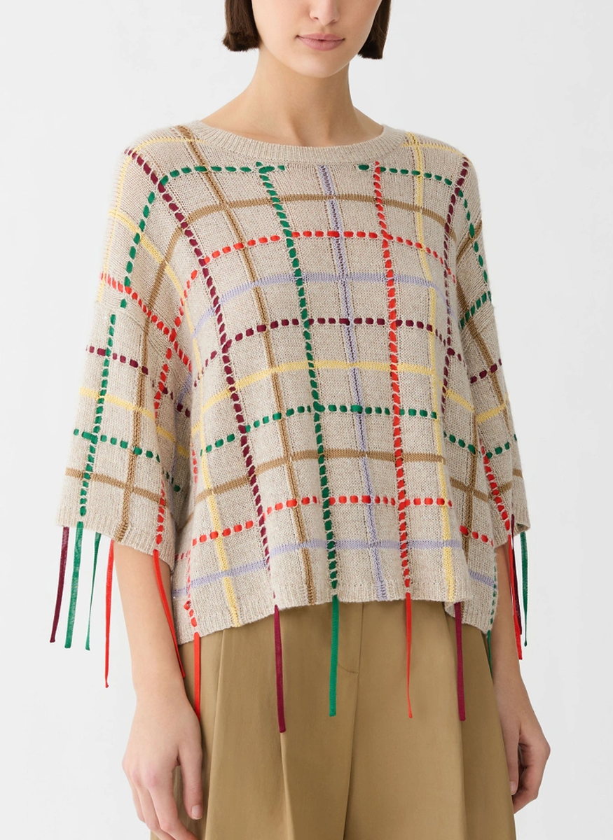 Cashmere Grid Hand Fringed Sweater - Lafayette 148 New York