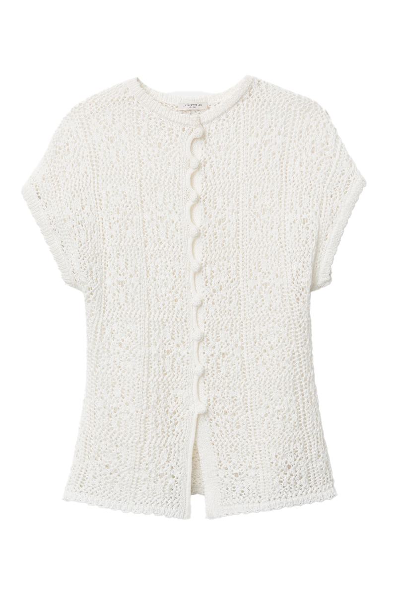Cotton Tape Lace Stitch Buttoned Sweater - Lafayette 148 New York