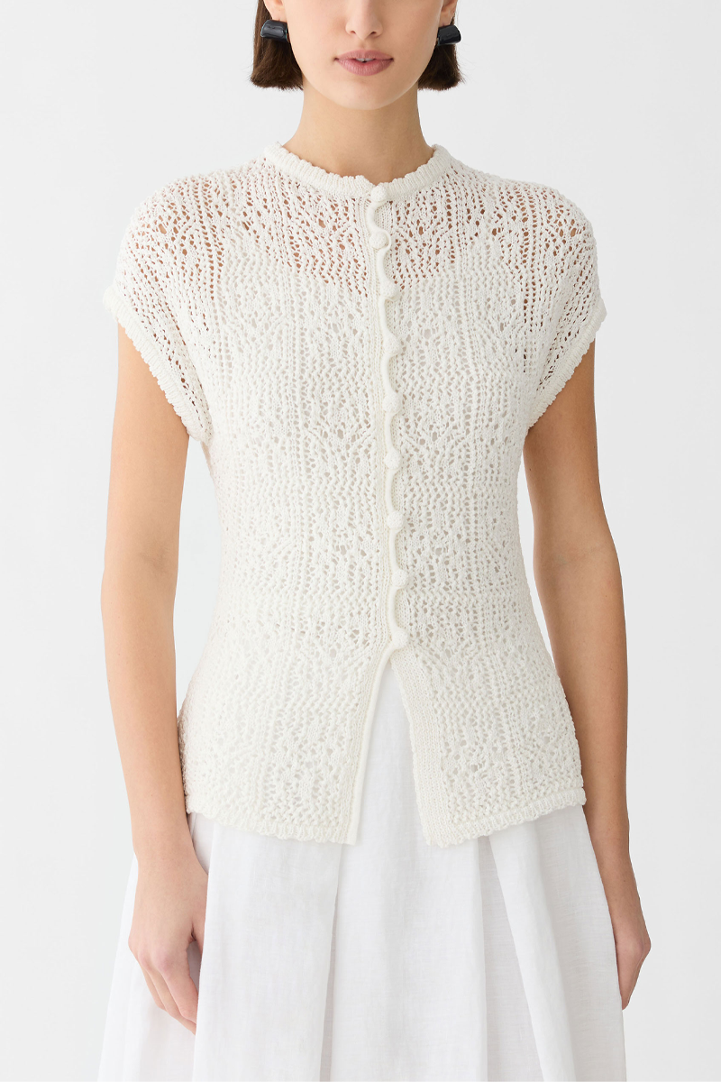 Cotton Tape Lace Stitch Buttoned Sweater - Lafayette 148 New York