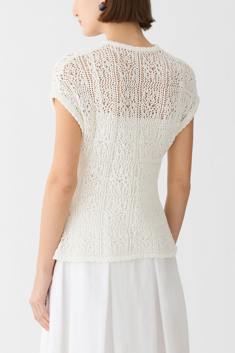 Cotton Tape Lace Stitch Buttoned Sweater - Lafayette 148 New York