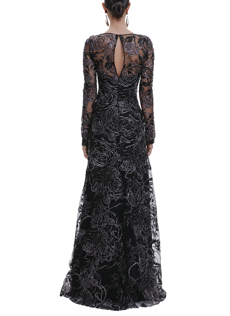 Metallic Raffia Roses Boat Neck Fit-And-Flare Gown