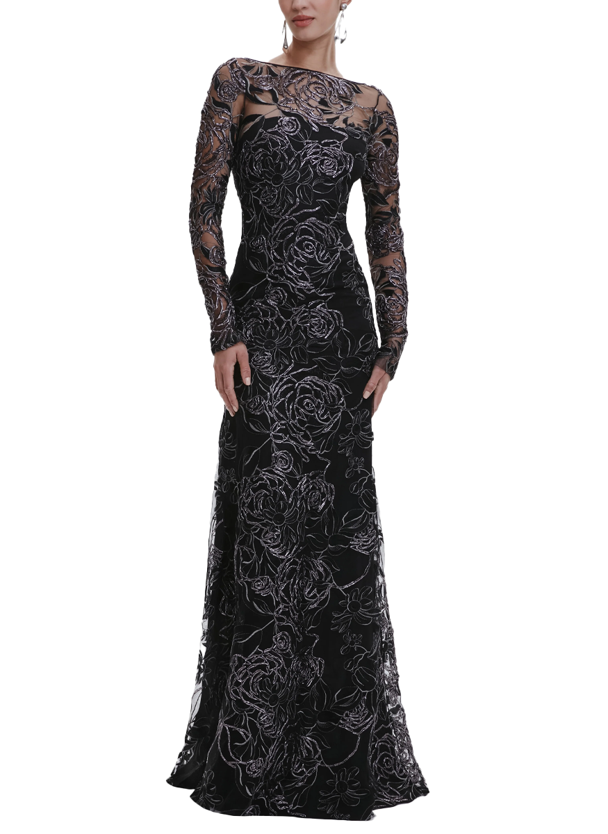 Metallic Raffia Roses Boat Neck Fit-And-Flare Gown