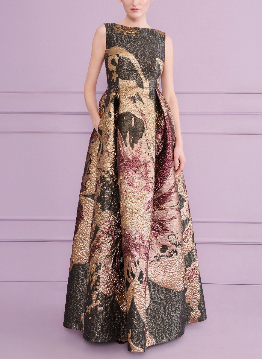 Evening Gown in Bronze Magnolia Jacquard
