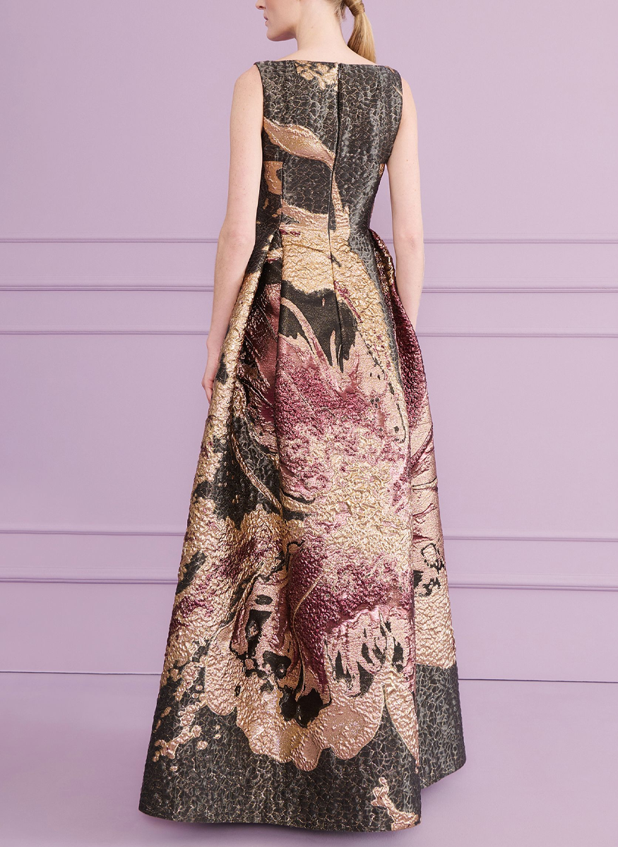 Evening Gown in Bronze Magnolia Jacquard