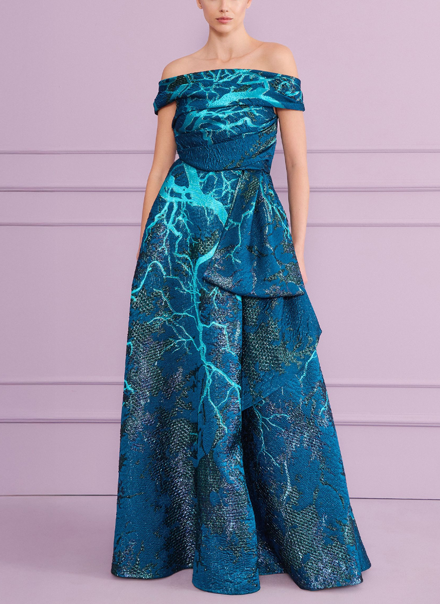 Off the Shoulder Gown in Lightning Jacquard