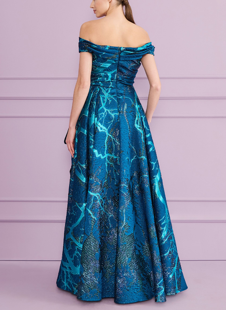 Off the Shoulder Gown in Lightning Jacquard