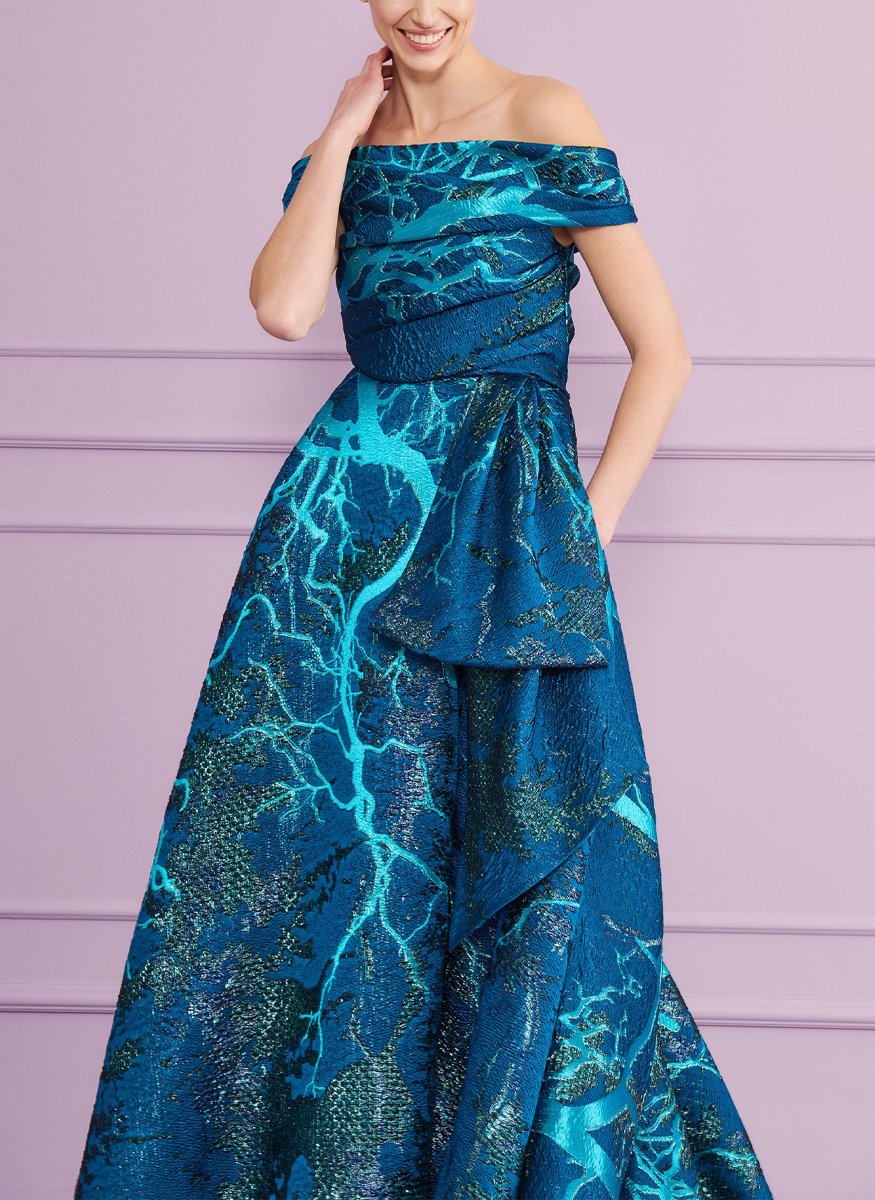 Off the Shoulder Gown in Lightning Jacquard - Talbot Runhof