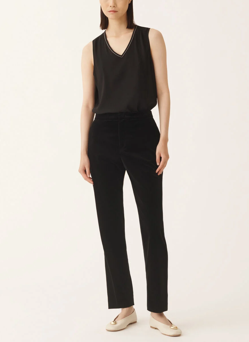 Velvet Straight Leg Trousers in Black - Fabiana Filippi
