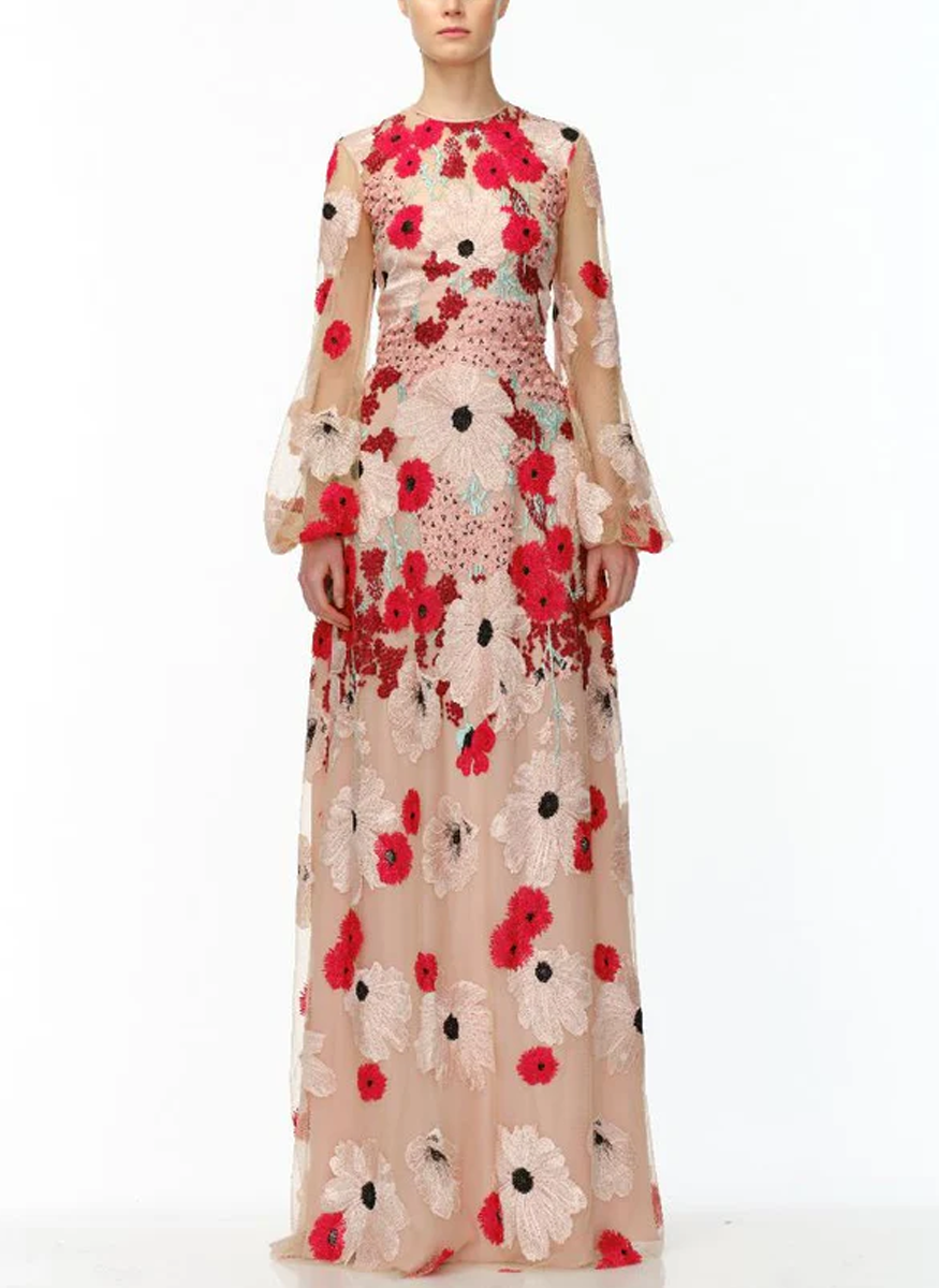 Embroidered Poppy Long Sleeve Gown - Naeem Khan