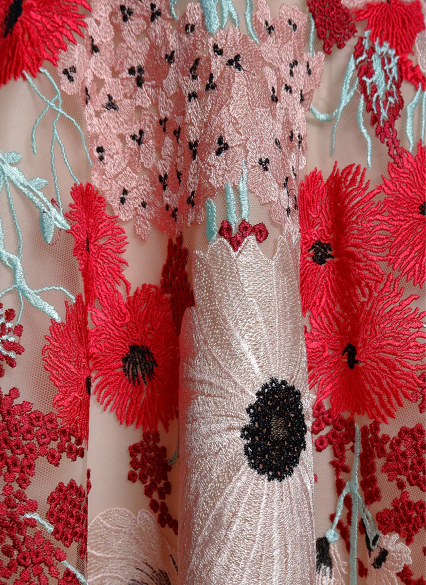 Embroidered Poppy Long Sleeve Gown - Naeem Khan