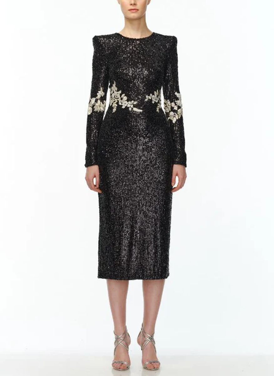 Floral Applique Stretch Sequin Long Sleeve Dress - Naeem Khan