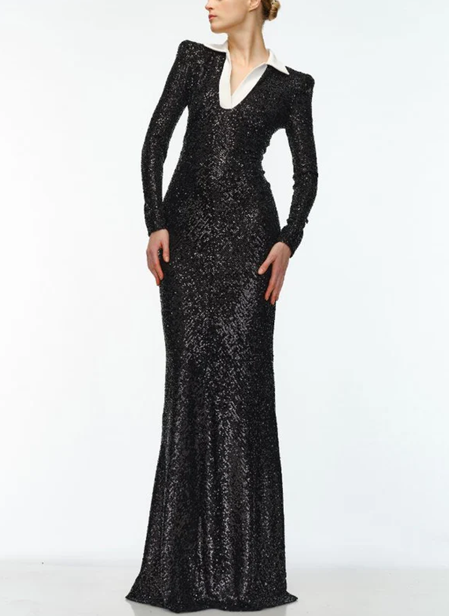 Tuxedo Sequin Gown with Long Sleeves - Naeem Khan