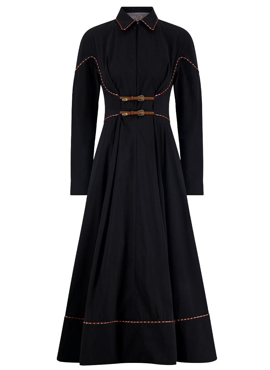 Poplin Long Sleeve Maxi Dress with Leather Trim
