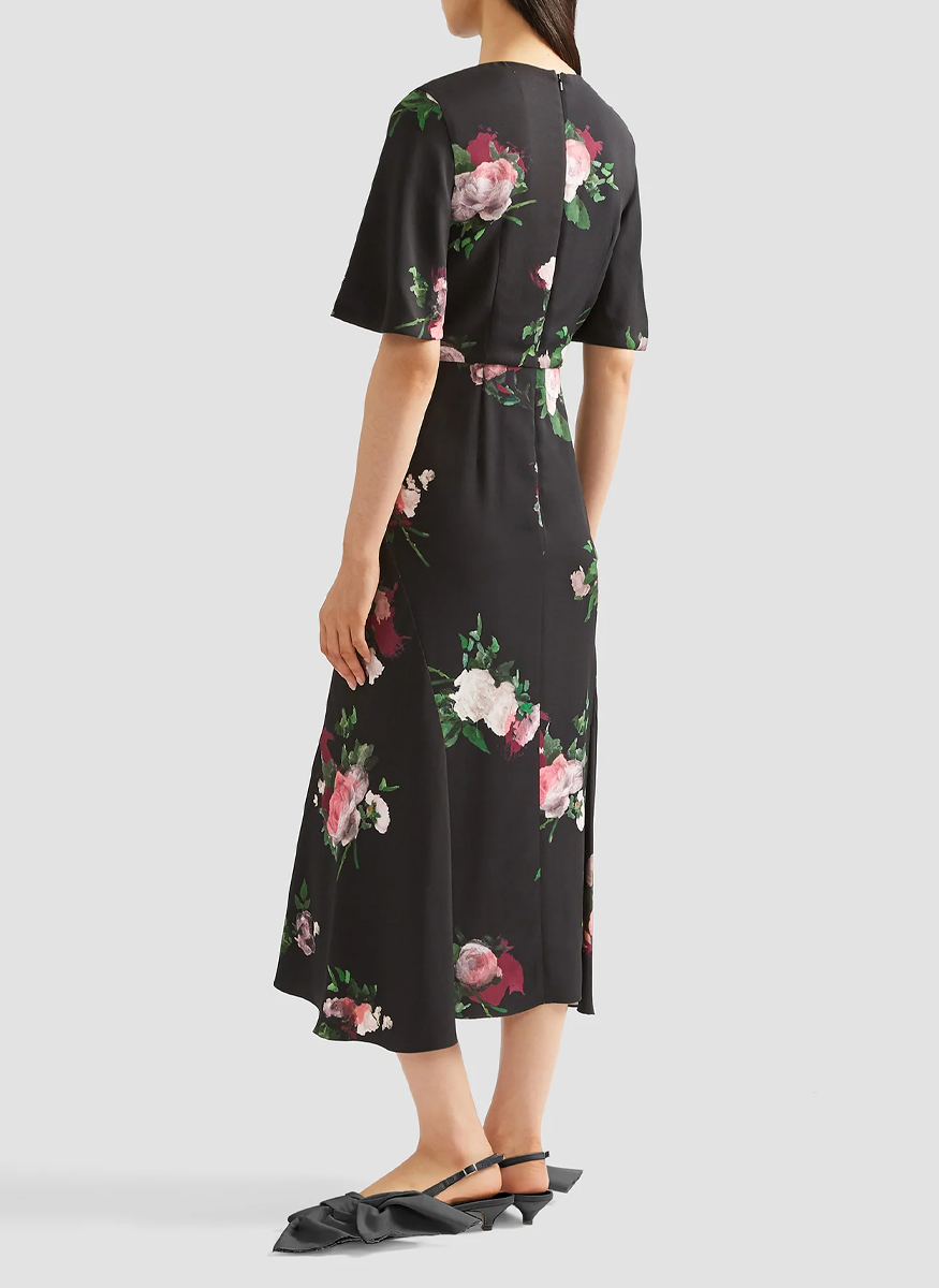 Painted Rose Bouquet Short Sleeve Midi Dress - Erdem