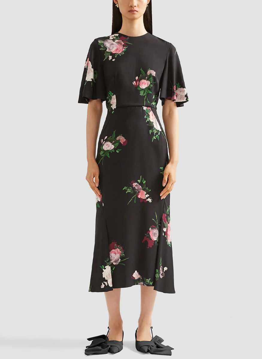 Painted Rose Bouquet Short Sleeve Midi Dress - Erdem