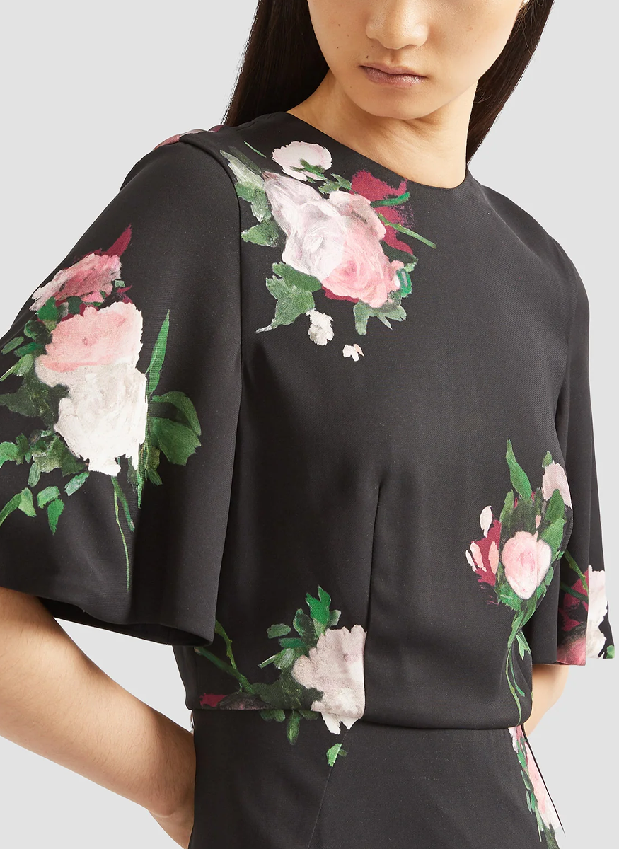 Painted Rose Bouquet Short Sleeve Midi Dress - Erdem