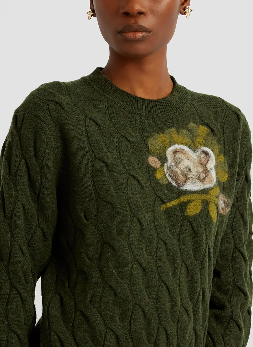 Crewneck Wool Sweater with Floral Detail - Erdem
