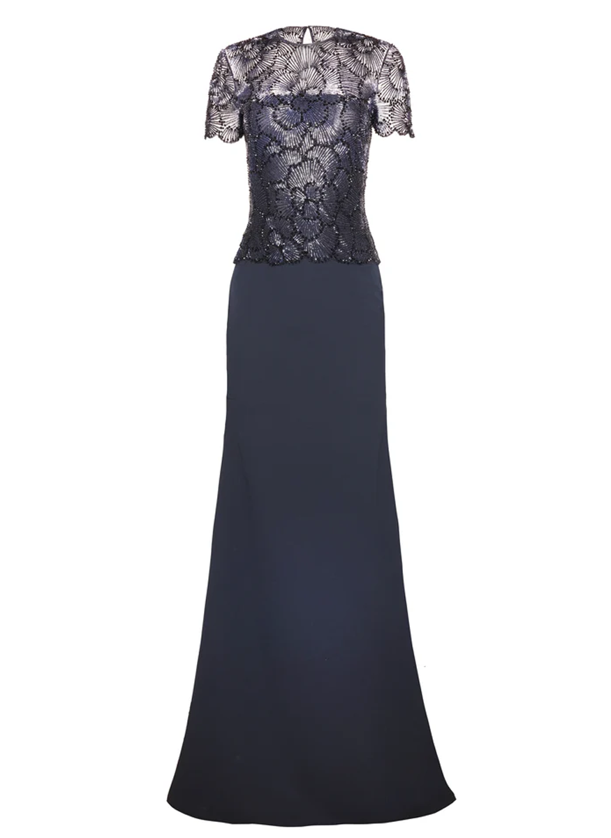 Beaded Bodice Cap Sleeve Fit-and-Flare Crepe Gown - Naeem Khan