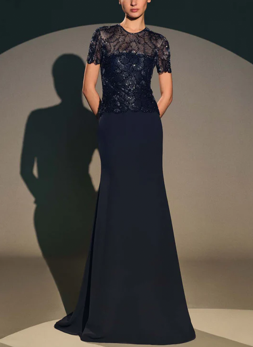 Beaded Bodice Cap Sleeve Fit-and-Flare Crepe Gown - Naeem Khan